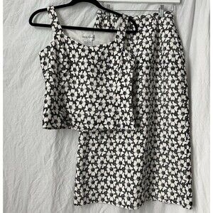 NWT Vintage 90s Floral Two Piece Set Sz 4 Linen Embroidered Floral White Black
